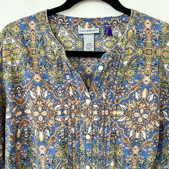 Catherines Geometric Maximalist Cotton Print Button Up Blouse Womens 3XWP - Picture 5 of 10